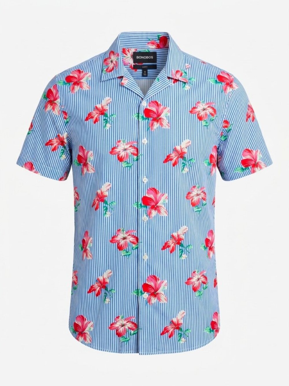 Bonobos Riviera Short Sleeve Button Down Shirt Blue Stripe Floral Slim Fit | M